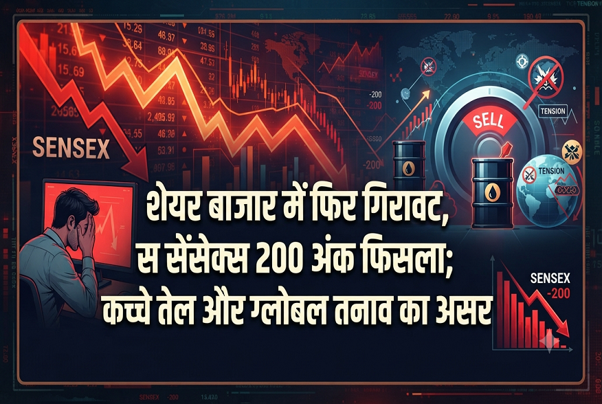 # शेयर बाजार में फिर गिरावट, सेंसेक्स 200 अंक फिसला; कच्चे तेल और ग्लोबल तनाव का असर भारतीय शेयर बाजार में सोमवार को एक बार फिर दबाव देखने को मिला। वैश्विक बाजारों में बढ़ती अनिश्चितता और कच्चे तेल की कीमतों में तेजी का असर भारतीय निवेशकों के सेंटीमेंट पर पड़ा। कारोबारी सत्र में **Sensex करीब 200 अंक गिरकर 76,300 के आसपास** पहुंच गया, जबकि Nifty भी 23,800 के करीब कारोबार करता दिखाई दिया। Reuters के मुताबिक Nifty 50 में 0.25% और Sensex में 0.24% की गिरावट दर्ज हुई। ## अमेरिका-ईरान तनाव से बढ़ी चिंता बाजार पर सबसे बड़ा दबाव अंतरराष्ट्रीय भू-राजनीतिक तनाव से जुड़ा है। अमेरिका और ईरान के बीच तनाव के कारण कच्चे तेल की कीमतों में तेजी आई है। भारत अपनी ऊर्जा जरूरतों के लिए बड़ी मात्रा में कच्चे तेल का आयात करता है। ऐसे में अंतरराष्ट्रीय बाजार में तेल महंगा होने का असर भारत के आयात बिल, महंगाई और कंपनियों की लागत पर पड़ सकता है। ## IT शेयरों पर भी दबाव सोमवार के कारोबार में IT सेक्टर पर खास दबाव देखने को मिला। Reuters के अनुसार IT इंडेक्स में लगभग 2% की गिरावट रही। मजबूत अमेरिकी रोजगार आंकड़ों से अमेरिका में ब्याज दरों को लेकर नई चिंताएं पैदा हुईं, जिसका असर भारतीय IT कंपनियों पर पड़ा। भारतीय IT कंपनियों की कमाई का बड़ा हिस्सा विदेशी बाजारों, खासकर अमेरिका, से जुड़ा है। अगर अमेरिकी कंपनियां खर्च कम करती हैं तो भारतीय IT सेक्टर पर इसका असर पड़ सकता है। ## रुपये पर RBI की नजर भारतीय रुपया भी वैश्विक परिस्थितियों के दबाव में है। रिपोर्ट के अनुसार सोमवार को रुपया करीब 94.44 प्रति डॉलर के आसपास कारोबार कर रहा था और RBI ने डॉलर की बिक्री के जरिए बाजार में हस्तक्षेप किया। तेल की कीमत, डॉलर की मजबूती और विदेशी निवेश की दिशा आने वाले दिनों में रुपये के लिए महत्वपूर्ण कारक होंगे। ## निवेशकों को क्या समझना चाहिए? शेयर बाजार में गिरावट के दौरान छोटे निवेशकों के लिए घबराहट में फैसला लेना जोखिमपूर्ण हो सकता है। बाजार पर घरेलू आर्थिक आंकड़ों के साथ-साथ अंतरराष्ट्रीय घटनाओं का भी असर पड़ता है। आने वाले दिनों में अमेरिका की महंगाई से जुड़े आंकड़े, तेल की कीमतें और वैश्विक भू-राजनीतिक स्थिति बाजार की दिशा तय कर सकती है। **निष्कर्ष:** मौजूदा गिरावट बताती है कि भारतीय शेयर बाजार अभी वैश्विक घटनाओं के प्रति संवेदनशील है। निवेशकों को बाजार की चाल के साथ जोखिम और अपने निवेश लक्ष्य को भी ध्यान में रखना चाहिए।